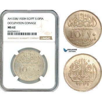AK806, Egypt, British Occupation, Fuad I, 10 Piastres AH1338/1920 H, Heaton Mint, Silver, NGC MS62