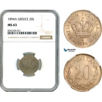 AK807, Greece, George I, 20 Lepta 1894 A, Paris Mint, NGC MS63