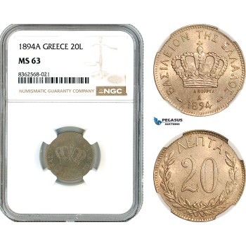 AK807, Greece, George I, 20 Lepta 1894 A, Paris Mint, NGC MS63