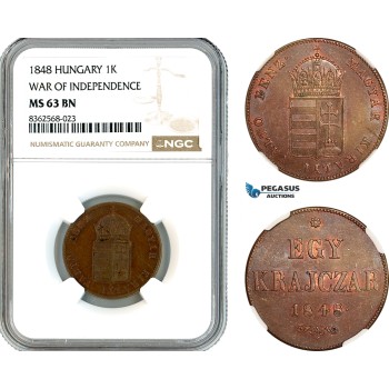 AK808, Hungary, 1 Krajczar 1848, War of Independence, NGC MS63BN