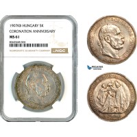 AK809, Hungary, Franz Joseph, 5 Korona 1907 KB, Kremnitz Mint, Coronation Anniversary, Silver, NGC MS61