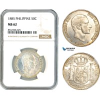 AK810, Philippines, Spanish Administration, Alfonso XII, 50 Centimos 1885, Silver, NGC MS62