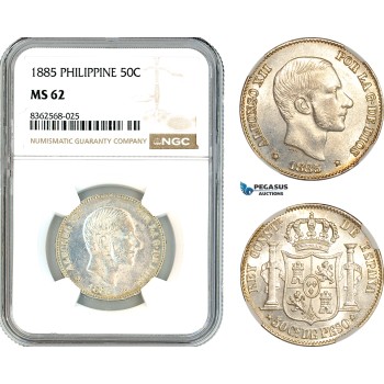 AK810, Philippines, Spanish Administration, Alfonso XII, 50 Centimos 1885, Silver, NGC MS62