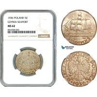 AK811, Poland, 5 Zlotych 1936, Gdynia Seaport, Silver, NGC MS62