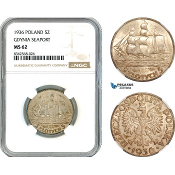 AK811, Poland, 5 Zlotych 1936, Gdynia Seaport, Silver, NGC MS62