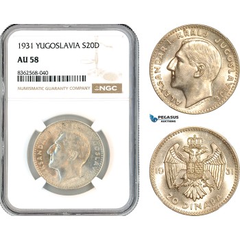 AK818, Yugoslavia, Alexander I, 20 Dinara 1931, Belgrade Mint, Silver, NGC AU58