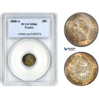AK820, France, Napoleon III, 20 Centimes 1860 A, Paris Mint, Silver, PCGS MS66