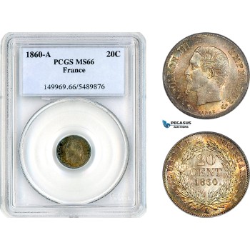 AK820, France, Napoleon III, 20 Centimes 1860 A, Paris Mint, Silver, PCGS MS66