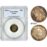 AK821, France, Second Republic, 50 Centimes 1851 A, Paris Mint, Silver, PCGS MS66