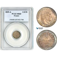 AK822, France, Louis Philippe I, 1/4 Franc 1835 A, Paris Mint, Silver, PCGS MS65, Top Pop!