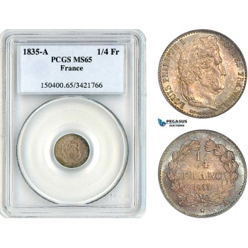 AK822, France, Louis Philippe I, 1/4 Franc 1835 A, Paris Mint, Silver, PCGS MS65, Top Pop!