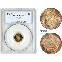 AK823, France, Louis Philippe I, 1/4 Franc 1842 A, Paris Mint, Silver, PCGS MS66, Top Pop & Single finest graded!