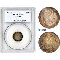 AK824, France, Louis Philippe I, 50 Centimes 1847 A, Paris Mint, Silver, PCGS MS65