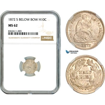 AK825, United States, Seated Liberty Half Dime 1872 S, San Francisco Mint, Silver, Mint mark below bow, NGC MS62