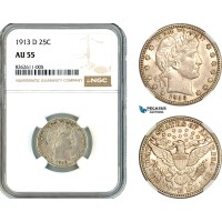 AK826, United States, Barber Quarter Dollar (25C) 1913 D, Denver Mint, Silver, NGC AU55