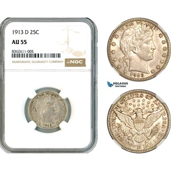 AK826, United States, Barber Quarter Dollar (25C) 1913 D, Denver Mint, Silver, NGC AU55