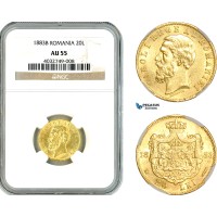 AK828, Romania, Carol I, 20 Lei 1883 B, Bucharest Mint, Gold, NGC AU55