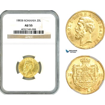 AK828, Romania, Carol I, 20 Lei 1883 B, Bucharest Mint, Gold, NGC AU55