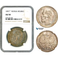 AK829, Russia, Nicholas II, 1 Rouble 1897 **, Brussels Mint, Silver, NGC AU50