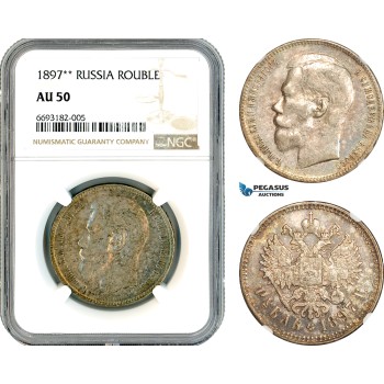 AK829, Russia, Nicholas II, 1 Rouble 1897 **, Brussels Mint, Silver, NGC AU50