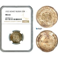 AK830, Russia, Soviet, 20 Kopeks 1923, Leningrad Mint, Silver, NGC MS64