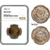 AK831, United States, Liberty Head Cent 1850, Philadelphia Mint, NGC MS64BN