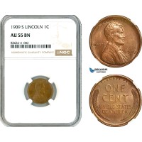 AK832, United States, Lincoln Cent 1909 S, San Francisco Mint, NGC AU55BN
