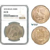 AK834, Brazil, Pedro II, 2000 Reis 1875, Rio de Janeiro Mint, Silver, NGC AU58