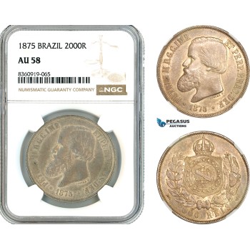 AK834, Brazil, Pedro II, 2000 Reis 1875, Rio de Janeiro Mint, Silver, NGC AU58