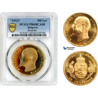 AK836, Bulgaria, Ferdinand I, Restrike 100 Leva 1912, Independence, Sofia Mint, Gold, PCGS PR69CAM