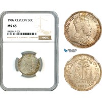 AK837, Ceylon, Sri Lanka, Edward VII, 50 Cents 1902, London Mint, Silver, NGC MS65, Top Pop! 1/0