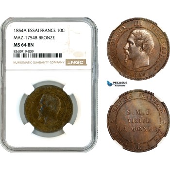 AK840, France, Napoleon III, Essai 10 Centimes module 1854 A, Paris Mint, S.M.I. Visite de la monnaie, NGC MS64BN