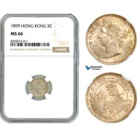 AK842, Hong Kong, Victoria, 5 Cents 1899, London Mint, Silver, NGC MS66