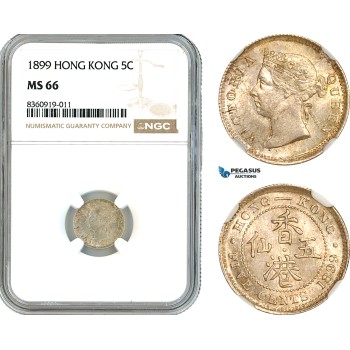 AK842, Hong Kong, Victoria, 5 Cents 1899, London Mint, Silver, NGC MS66