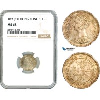 AK843, Hong Kong, Victoria, 10 Cents 1890/80, London Mint, Silver, NGC MS63, Top Pop! 1/0