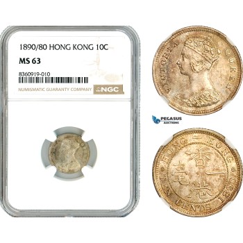 AK843, Hong Kong, Victoria, 10 Cents 1890/80, London Mint, Silver, NGC MS63, Top Pop! 1/0