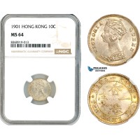 AK844, Hong Kong, Victoria, 10 Cents 1901, London Mint, Silver, NGC MS64