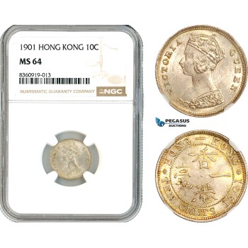 AK844, Hong Kong, Victoria, 10 Cents 1901, London Mint, Silver, NGC MS64