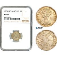 AK845, Hong Kong, Victoria, 10 Cents 1901, London Mint, Silver, NGC MS64