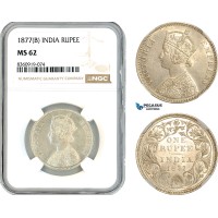 AK846, India, Victoria, 1 Rupee 1877 B, Bombay Mint, Silver, NGC MS62