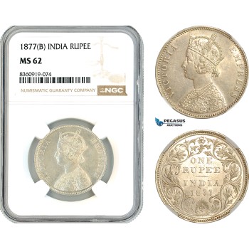 AK846, India, Victoria, 1 Rupee 1877 B, Bombay Mint, Silver, NGC MS62