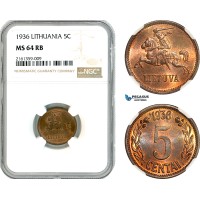 AK849, Lithuania, 5 Centai 1936, NGC MS64RB