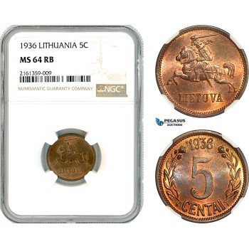 AK849, Lithuania, 5 Centai 1936, NGC MS64RB