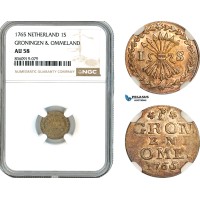 AK851, Netherlands, Groningen & Ommelanden, 1 Stuiver 1765, Harderwijk Mint, Silver, NGC AU58