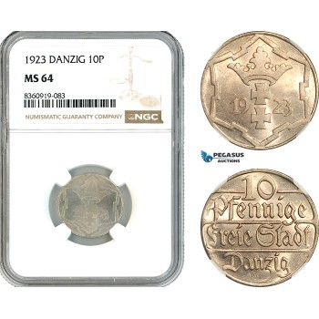 AK852, Poland, Danzig, 10 Pfennige 1923, NGC MS64