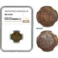 AK853, Romania, Carol I, 2 Bani 1867 Watt&Co, Birmingham Mint, NGC MS65BN