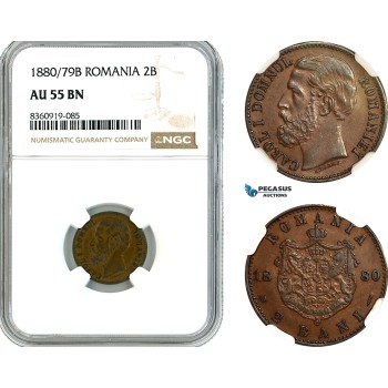AK854, Romania, Carol I, 2 Bani 1880/79 B, Bucharest Mint, NGC AU55BN
