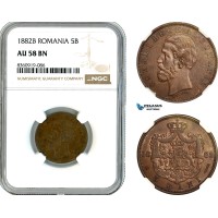 AK855, Romania, Carol I, 5 Bani 1882 B, Bucharest Mint, NGC AU58BN