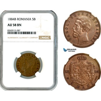 AK856, Romania, Carol I, 5 Bani 1884 B, Bucharest Mint, NGC AU58BN