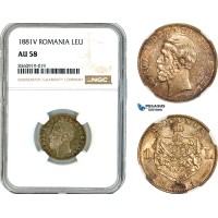 AK857, Romania, Carol I, 1 Leu 1881 V, Vienna Mint, Silver, NGC AU58